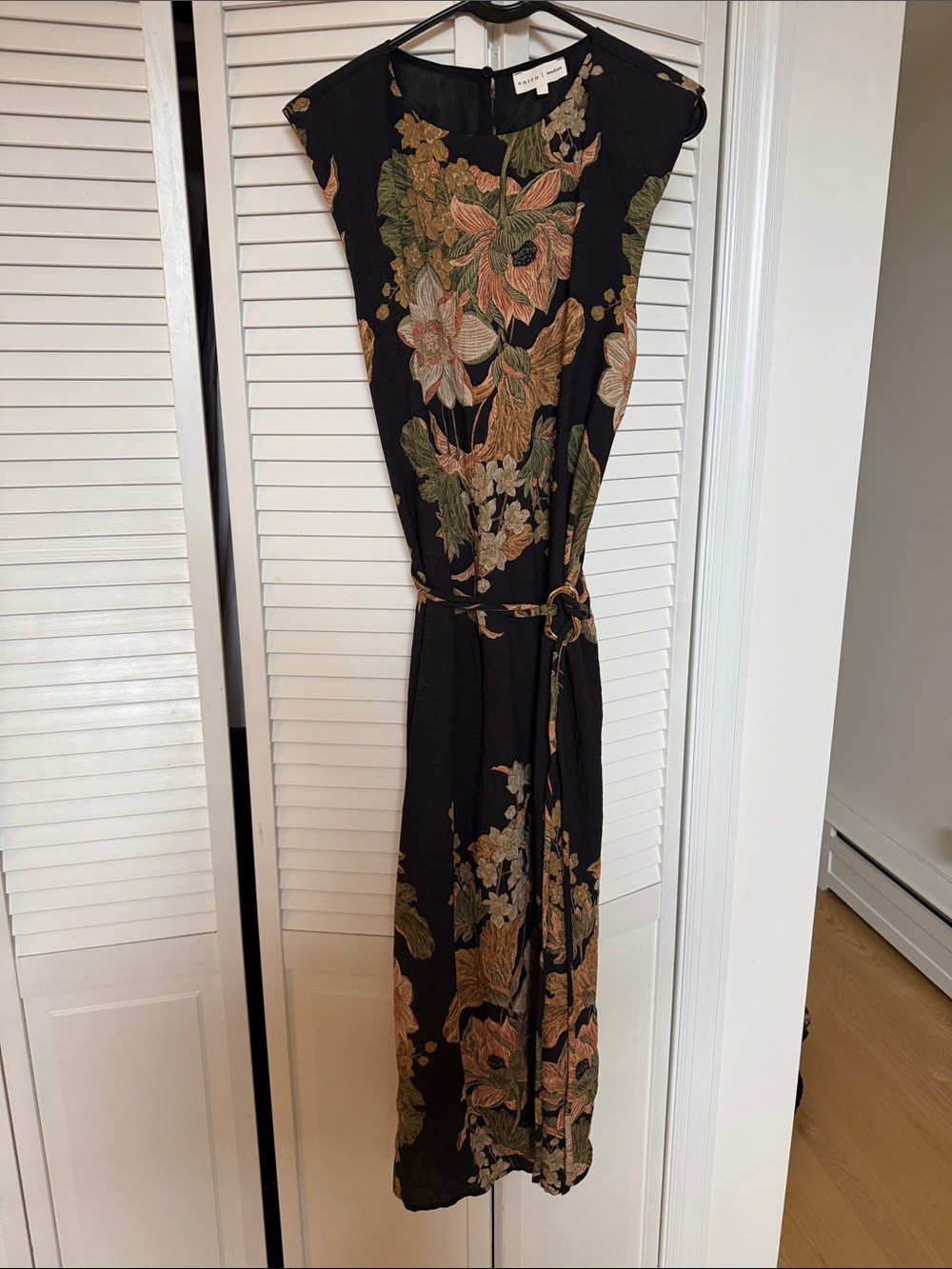 Floral Belted Midi Dress - Black with Pink & Green Floral
